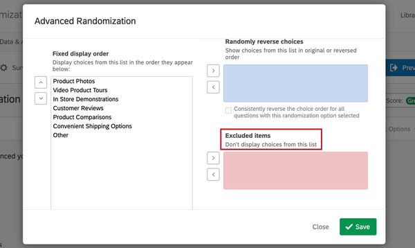 Excluded items in choice advanced randomization