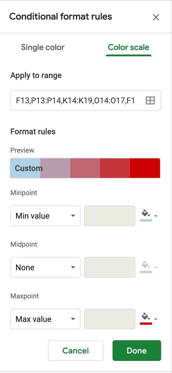 Use conditional formatting to fill the cells with colors
