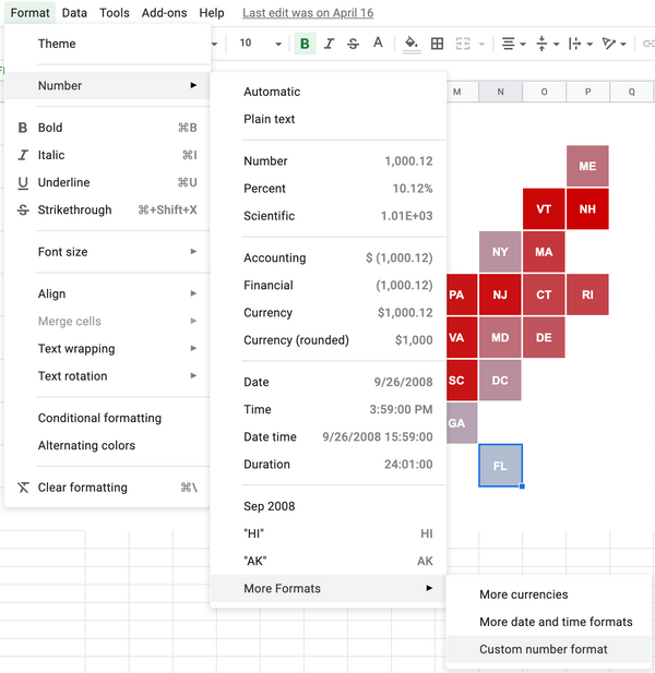 Hide the cell value and replace with abbreviation for each state's cell using 'Custom number format'